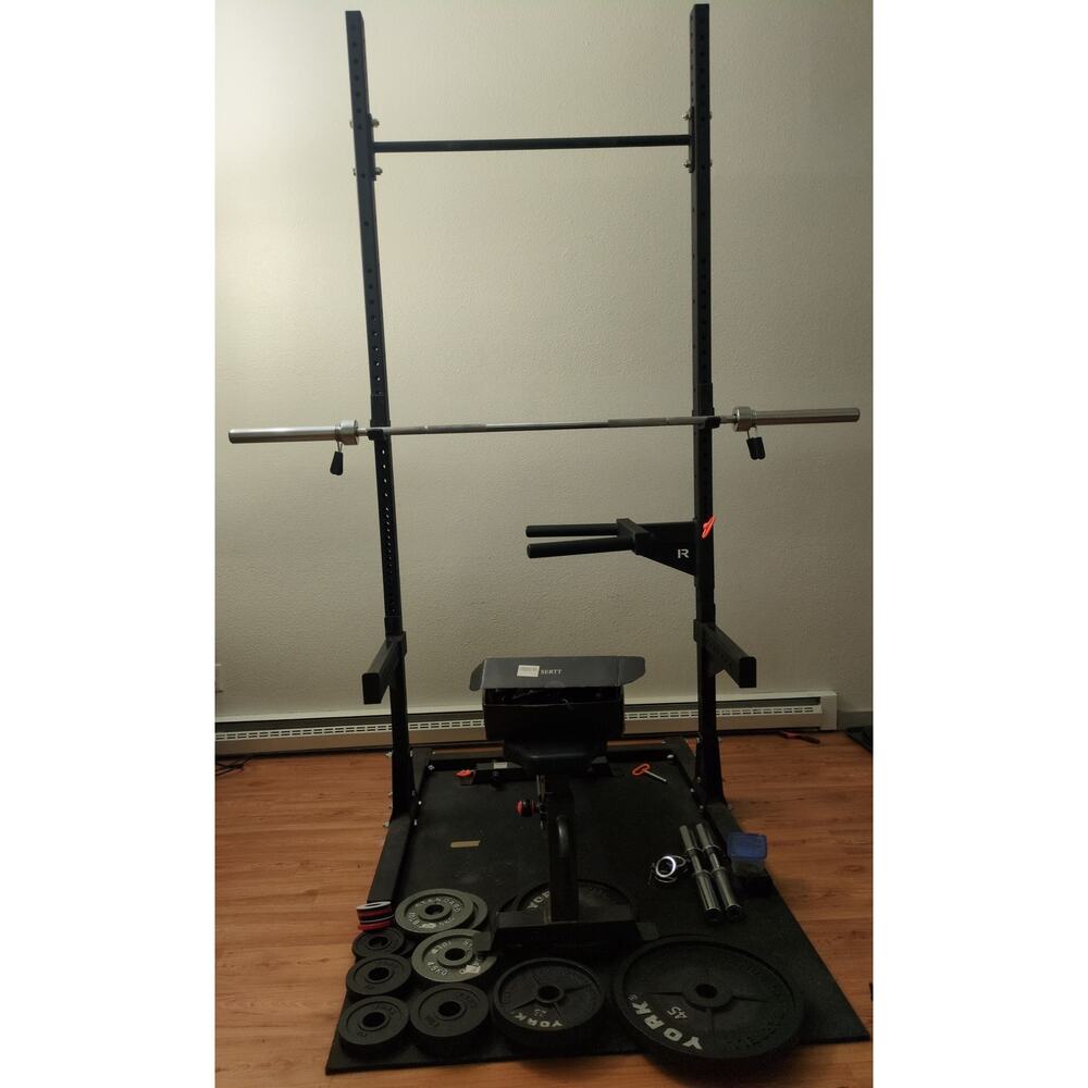 Rogue S-3 Squat Stand 2.0 w/ dip bars, bench, York bar, plates (345 lb), pulley